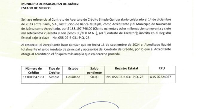 PAGA NAUCALPAN CRÉDITO BANCARIO POR 188.19 MDP