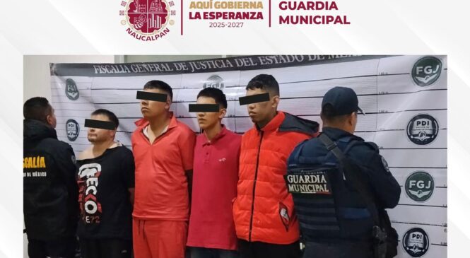 DETIENE GUARDIA MUNICIPAL Y FGJEM A CUATRO HOMBRES CON ARMAS Y PRESUNTAS SUSTANCIAS ILÍCITAS